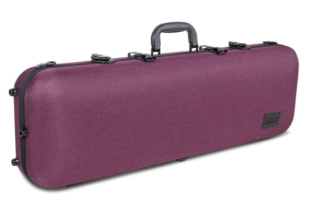 A rectangular, violet GEWA Bio-A Oblong Violin Case – Adjustable 1/2 to 4/4, featuring a black handle and latches, stands on its side. Designed for violins from sizes 1/2 to 4/4, this sustainable case blends modern style with eco-friendly materials for today’s musician.