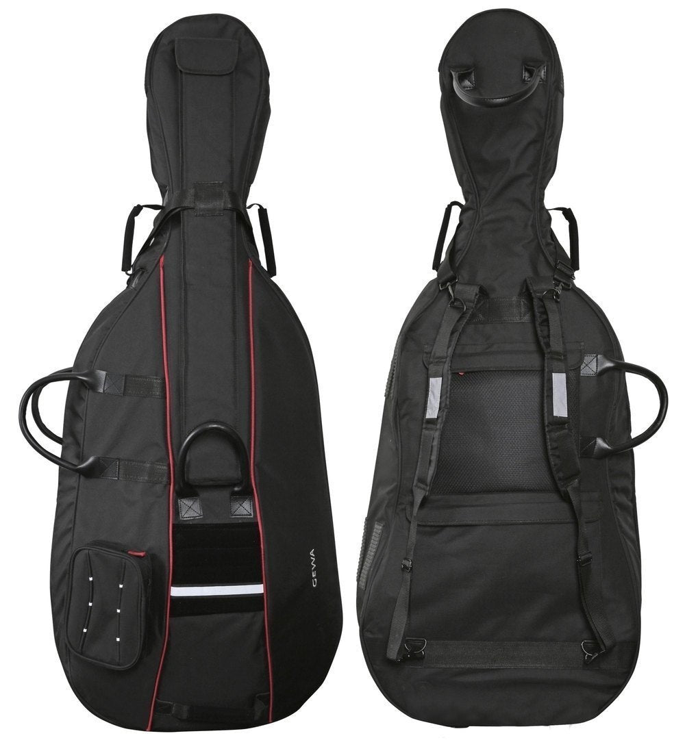 Two Gewa Prestige Cello Bags in black are shown front and back. Each features red accents, a front pocket, handles, backpack straps, and mesh on the back—shaped to fit a cello perfectly.