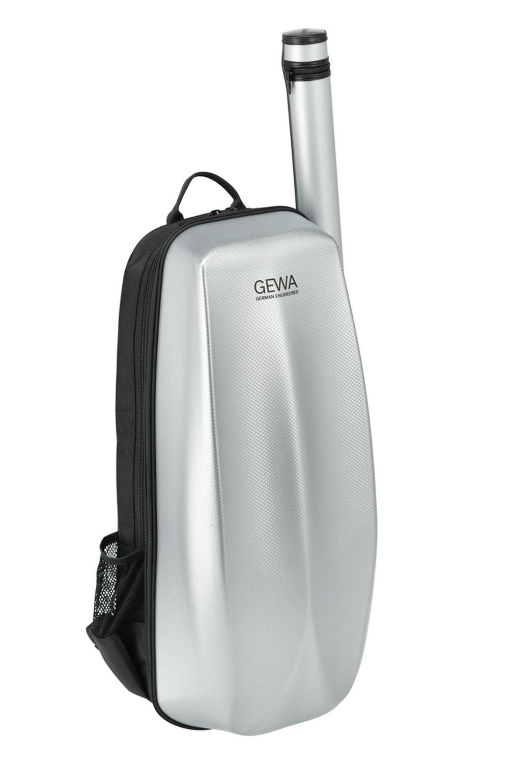 A silver, hard-shell GEWA Space Bag Violin Rucksack Case (for 4/4 & 3/4), featuring a black handle and a cylindrical tube attached to the side—ideal for securely carrying your violin or similar instrument, and perfect for those seeking durability and reliability from the trusted GEWA Space Bag collection.