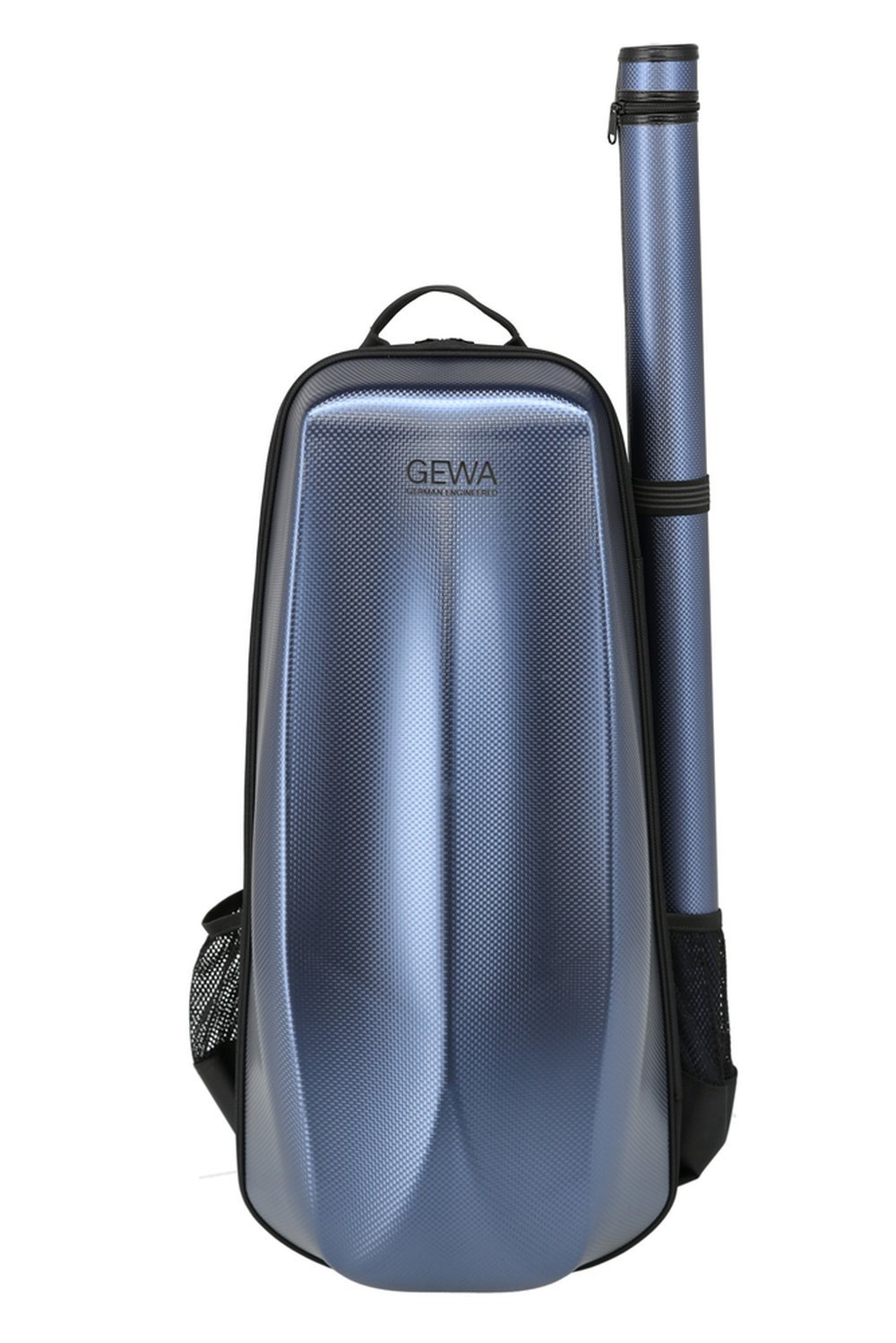 A metallic blue, hard-shell violin backpack case featuring a vertical cylindrical tube on the right side, black mesh pockets, a top handle, and ‘GEWA’ emblazoned on the front—officially named the GEWA Space Bag Violin Rucksack Case for 4/4 & 3/4 violins.
