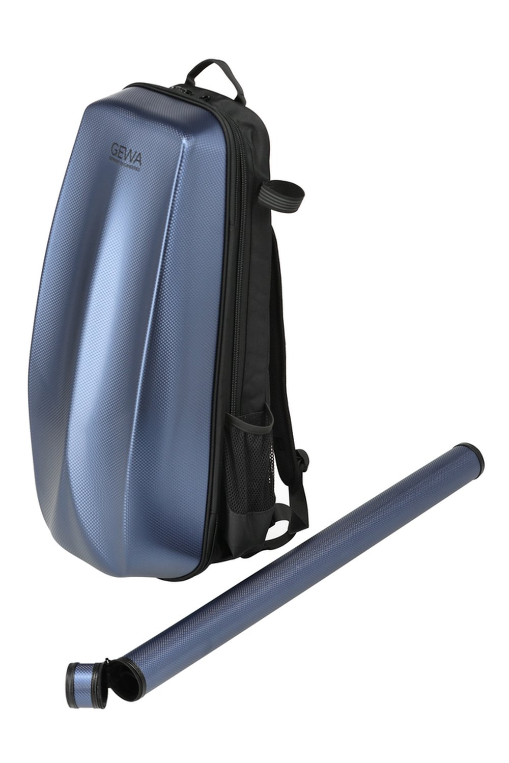 A GEWA Space Bag Violin Rucksack Case (for 4/4 & 3/4) in blue is pictured upright with a matching cylindrical tube, both purpose-built for safely carrying and protecting long, delicate items—making this an ideal solution for musicians on the move.