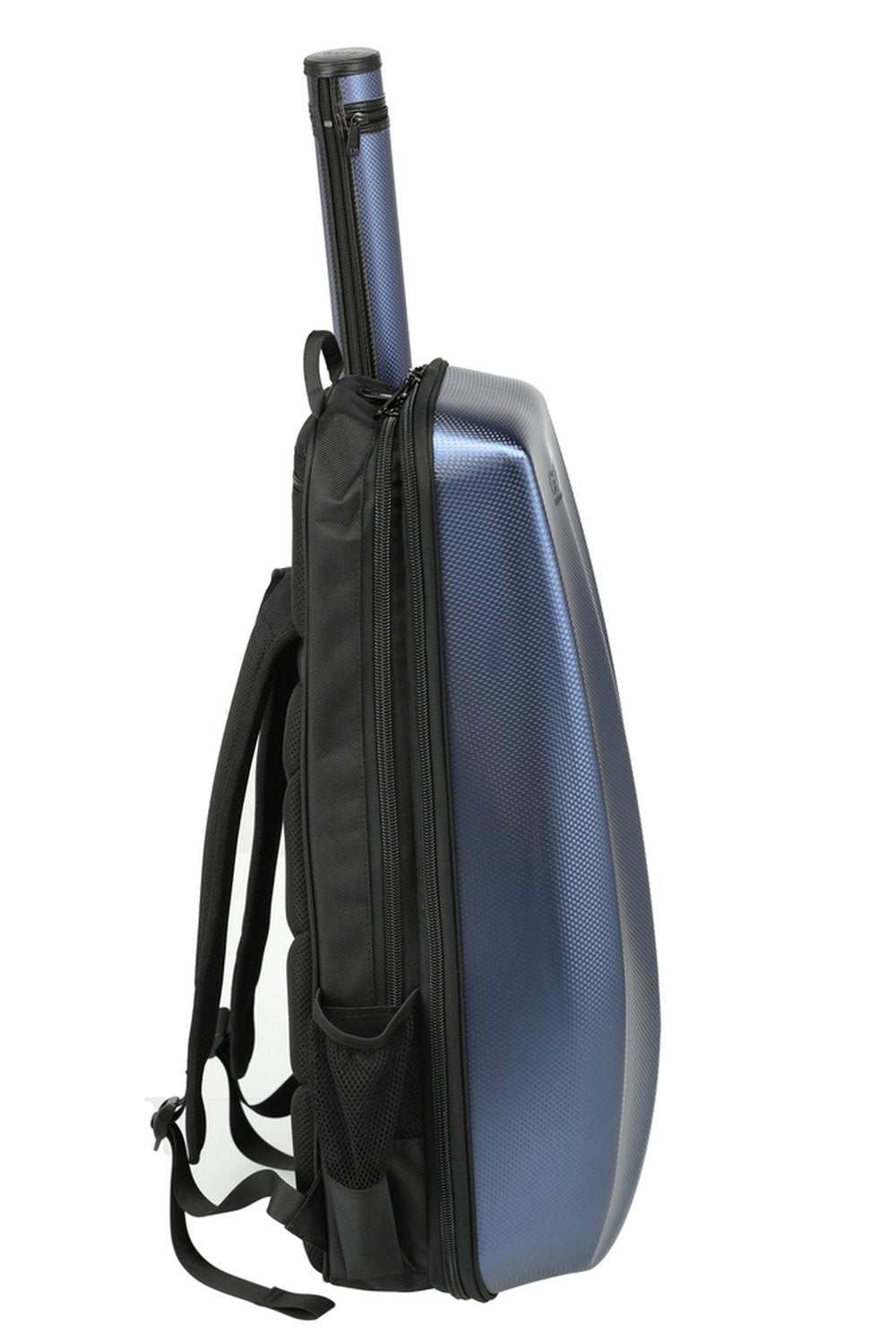 A side view of the GEWA Space Bag Violin Rucksack Case (4/4 & 3/4), a hard-shell blue and black backpack with an extended telescoping handle, designed in the style of carry-on luggage.