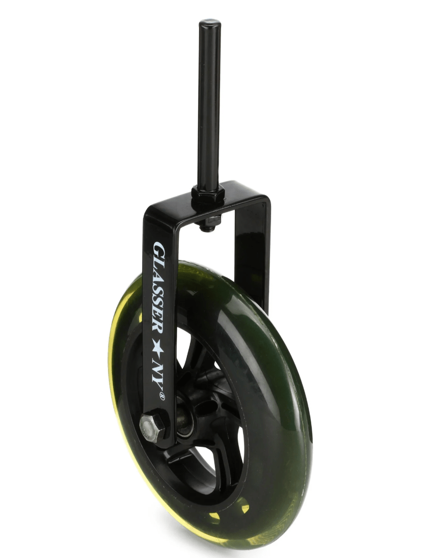 Glasser bass transport wheel, 10mm shaft, featuring a black metal fork and a translucent green 10 mm endpin wheel.