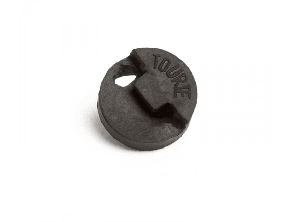The Goetz Tourte Round Rubber Violin & Viola Mute is a black circular rubber mute with TOURTE embossed, featuring a notch and slot for fitting onto the bridge.