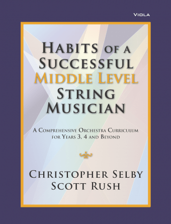 Book cover titled Habits of a Successful Middle Level String Musician Viola Bk1, featuring a pastel geometric background and a subtitle emphasizing string orchestra exercises for years 3, 4, and beyond.