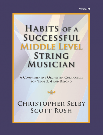 Book cover titled Habits of a Successful Middle Level String Musician – Violin Book 1, featuring string orchestra exercises on a colorful abstract background.
