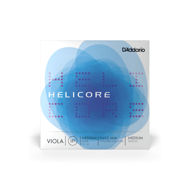 A box of Helicore Viola Strings - Set, featuring medium tension steel core viola strings, displayed against a white background with overlapping blue shapes behind the product name.