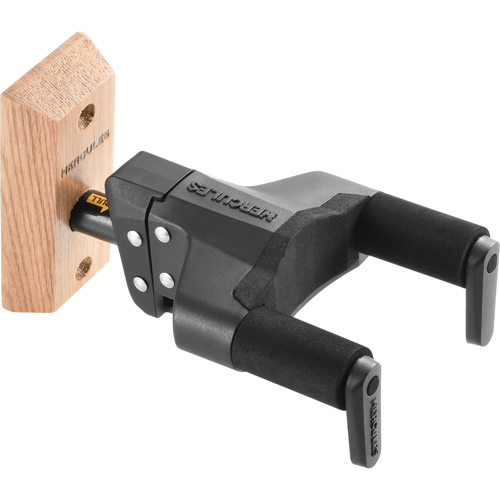Hercules GSP38WBPLUS - PLUS Series Universal AutoGrip Wall Mount Guitar Hanger w/Natural Wood Base, Short Arm - AAA Band Instrument Rentals