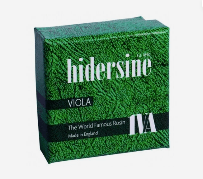 Light amber, large cake of Hidersine 1VA Viola Rosin in a green textured box, labeled “The World Famous Rosin” with “Made in England” on the front.
