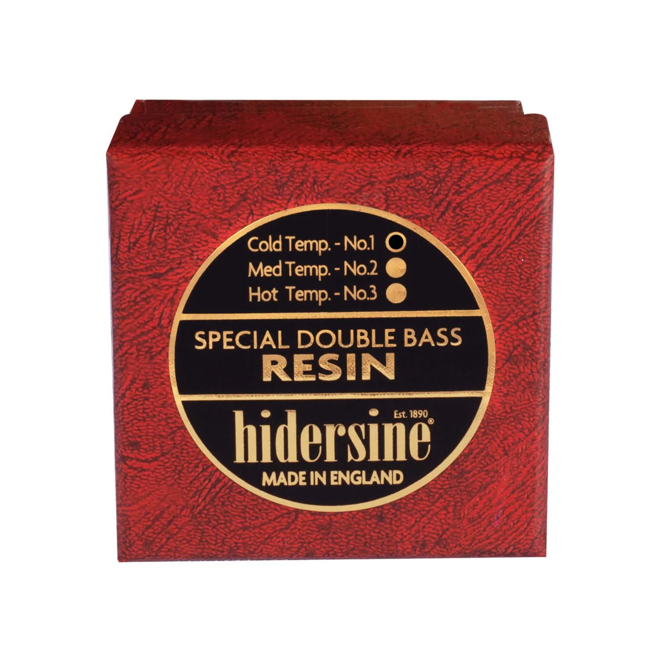 A red box labeled Hidersine No. 3 Cold Weather Bass Rosin, made in England (gold text), provides reliable rosin for bassists seeking a warm tone in cold conditions—ideal year-round performance.