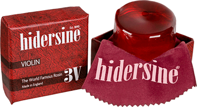 A red box labeled Hidersine Violin Rosin 3V sits next to a round, red block of premium rosin, partly wrapped in a matching red cloth printed with the Hidersine logo.