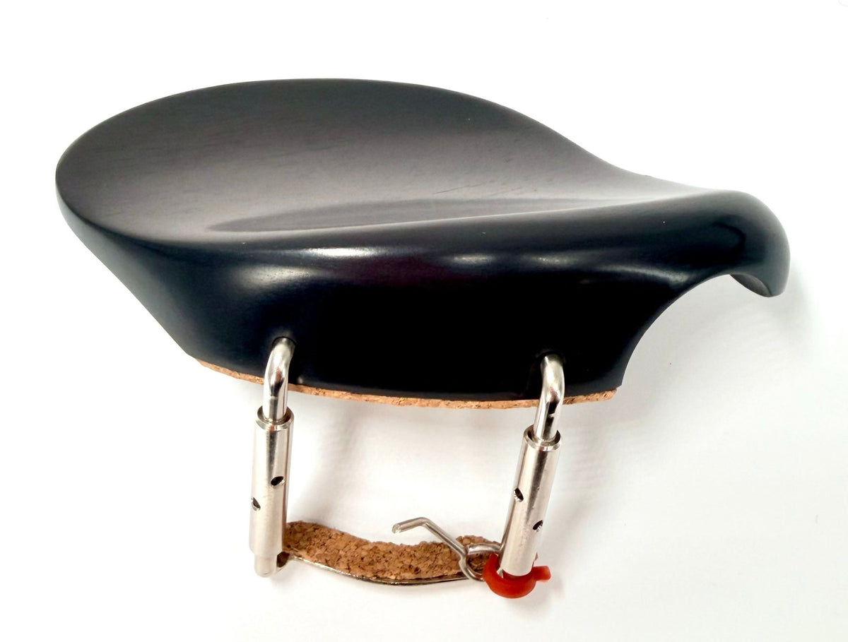 The Hollywood Violin Chinrest – Ebony – 4/4 & 3/4 is a black ergonomic ebony chinrest with metal clamps and a cork pad, designed for secure attachment to your violin. Plain white background.