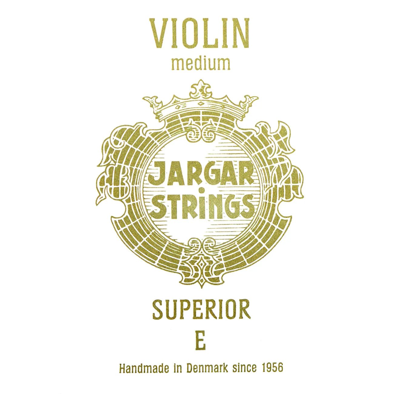 Gold and white packaging with ornate design, featuring the text: Jargar Superior Violin E String, Synthetic core violin string, Handmade in Denmark since 1956.