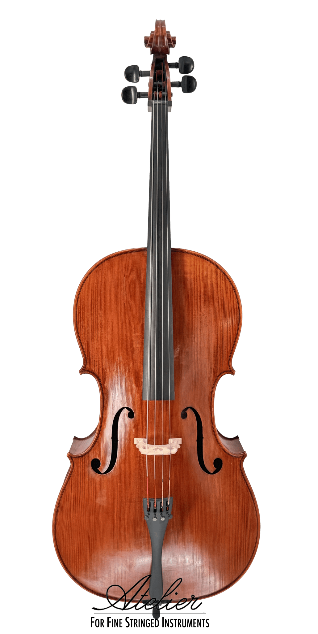 A front view of the German-made Juzek 303 Cello shows its glossy finish, black tuning pegs, and strings. Below is the text: Atelier FOR FINE STRINGED INSTRUMENTS—a great step-up cello for advancing musicians.