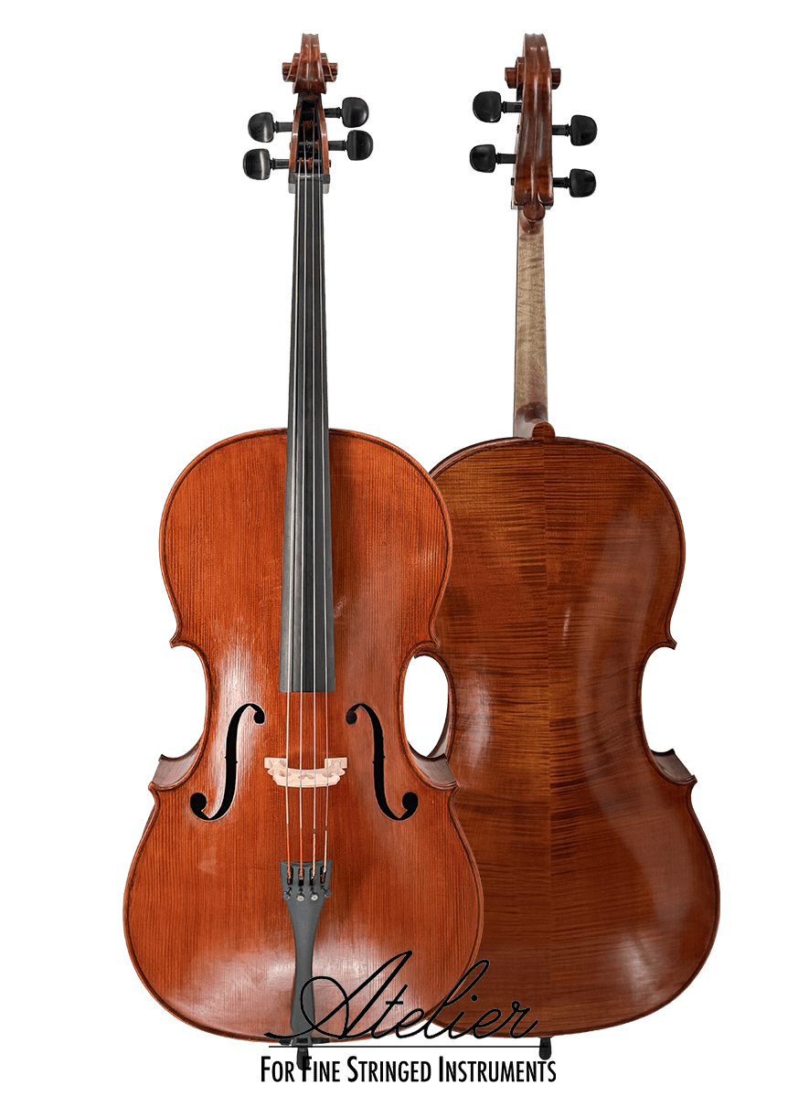 Two upright cellos are displayed: one shows the front with strings and f-holes, likely a Juzek 303 Cello, and the other reveals its polished wooden back. Below is the text "Atelier For Fine Stringed Instruments.