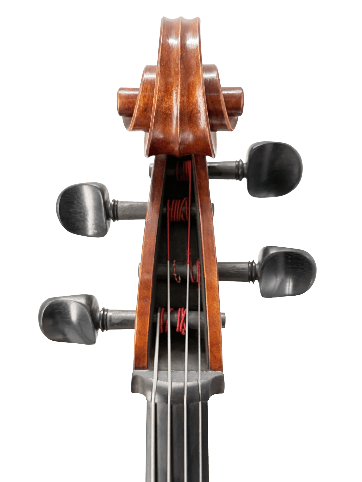 Close-up of the polished wooden scroll and four black tuning pegs of the Juzek 303 Cello, photographed from the front against a white background.