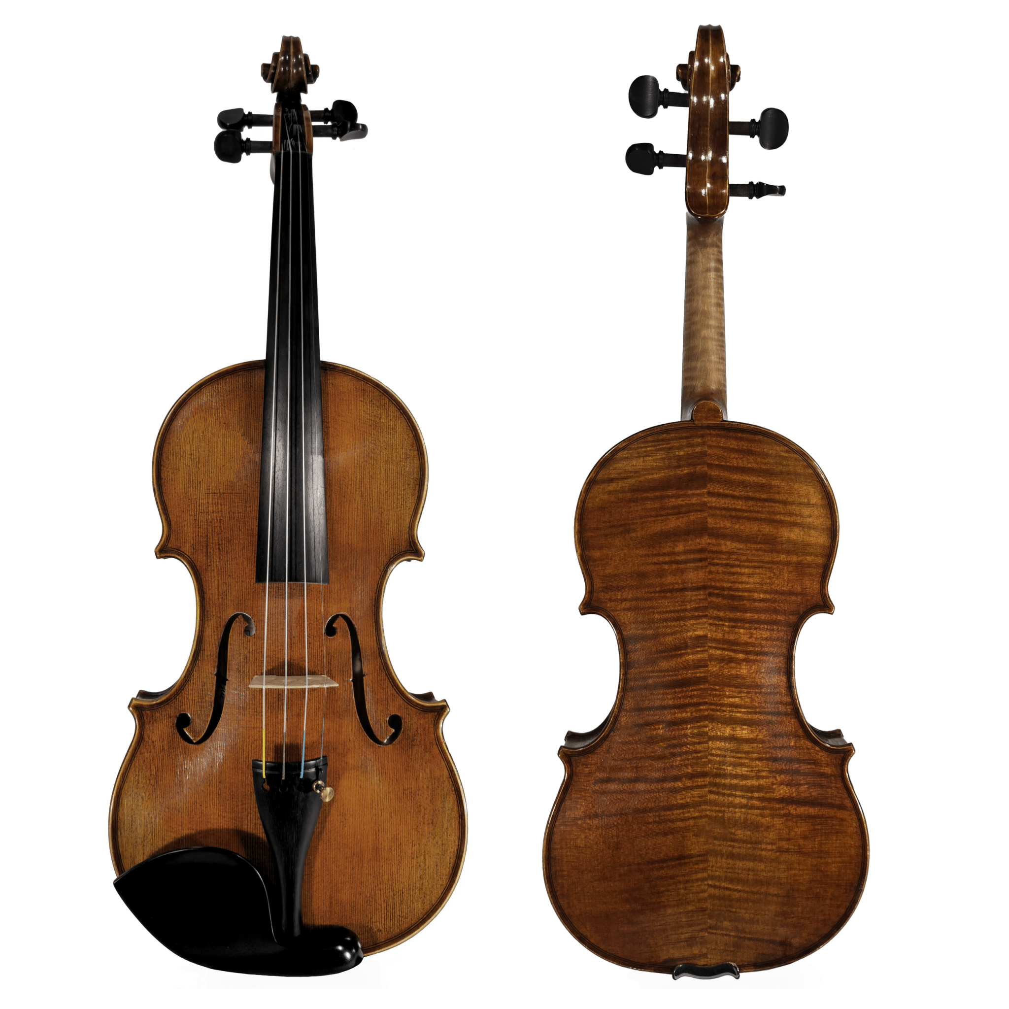 Two Juzek 4/4 Violin Model #135 instruments are shown: the left displays the front with strings, fingerboard, and f-holes; the right shows the back's smooth wood-grain finish. Both offer a rich brown tone, highlighting classic German craftsmanship.