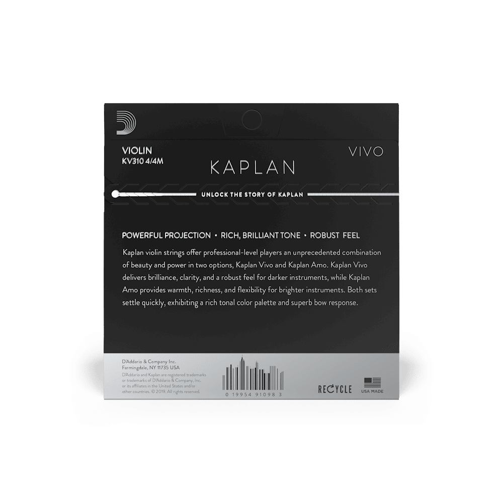 Kaplan Vivo Violin Strings come in square packaging with a black-and-white design and bold white text emphasizing their bright tone and enhanced projection. Recycling and barcode icons are displayed at the bottom.