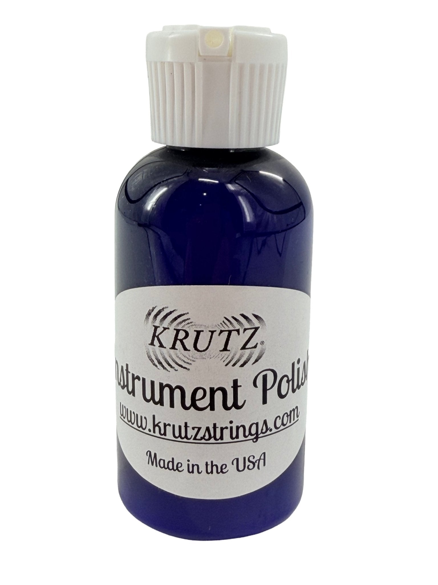 A blue bottle of KRUTZ Instrument Polish, designed as a natural cleaner for wooden musical instruments, featuring a white cap. The label displays the website www.krutzstrings.com and indicates that it is Made in the USA.