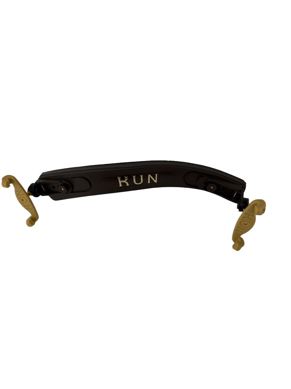 The Kun Original Viola Shoulder Rest 15-17" is an adjustable black rest with KUN in white at the center and two beige adjustable feet, ideal for viola players seeking comfort and support.