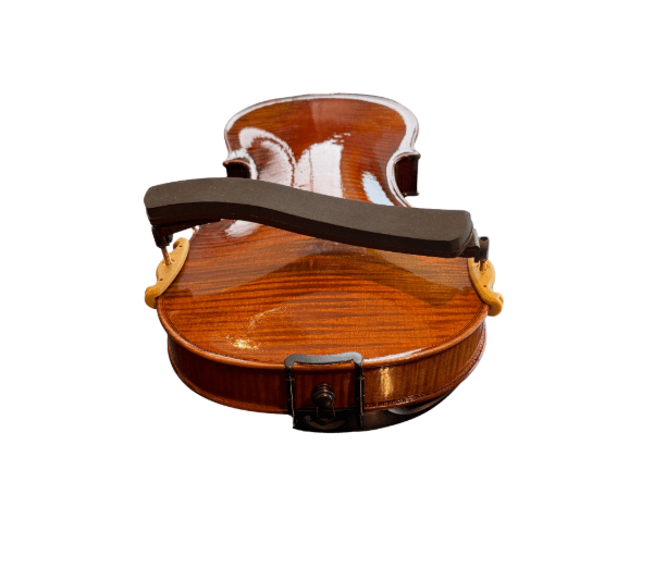 A close-up of the back of a wooden viola with a Kun Original Viola Shoulder Rest 15-17" | Adjustable attached, photographed against a white background.