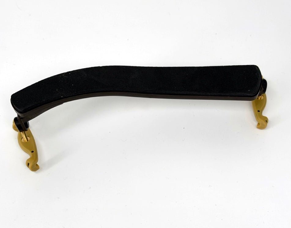 A Kun Original Viola Shoulder Rest 15-17" | Adjustable, in black and gold with a curved padded bar and adjustable feet, is displayed on a white background.