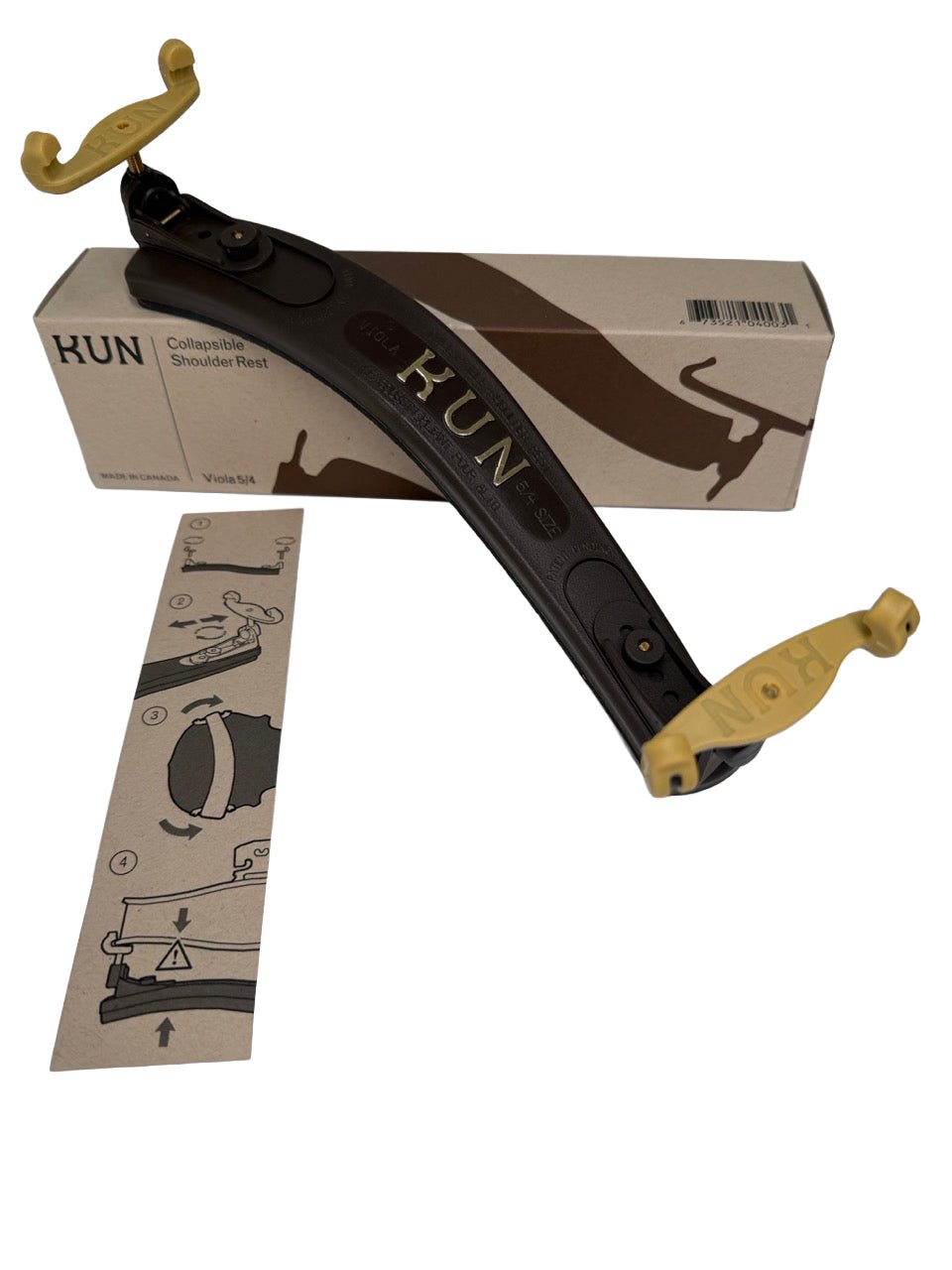 The Kun Original Viola Shoulder Rest 15-17" | Adjustable is shown with its beige box and assembly instruction sheet. The black rest has yellow ends and features the gold KUN logo.
