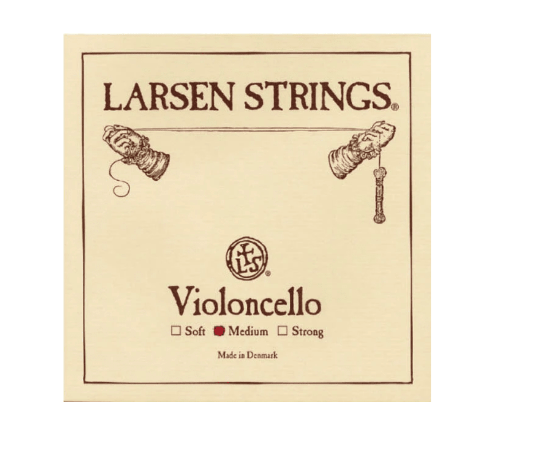 Square beige packaging for Larsen Original Cello A String – Medium (4/4), showing two gloved hands holding a string, "Violoncello," and tension checkboxes. Renowned Danish cello string for warm, focused tone.