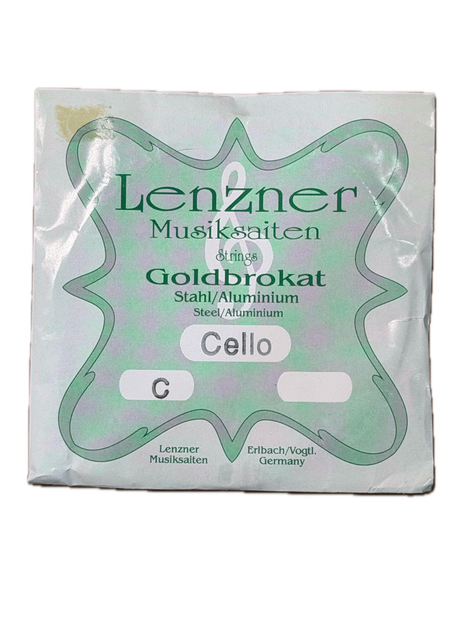 A package of Lenzner Goldbrokat Cello C String – Steel/Aluminum, marked as C, with a green-bordered label and German-English text. This durable steel-core cello string comes packaged on a white background.