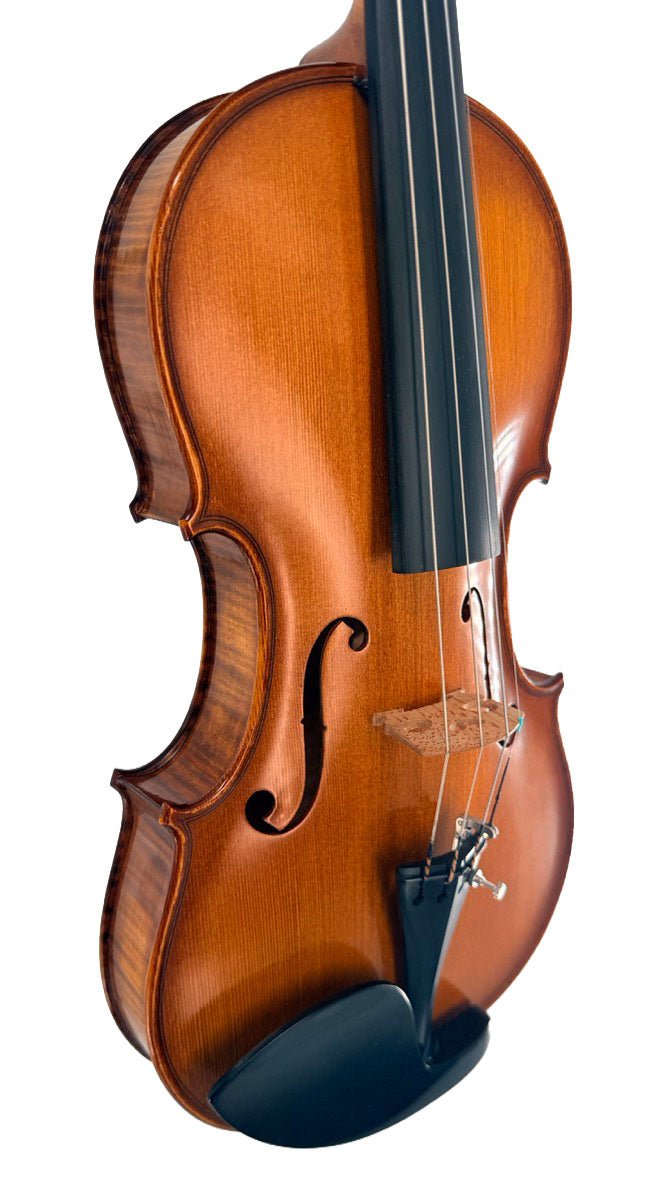 A close-up of the Luce Sebastian Professional Instrument, a handcrafted violin made from premium tonewoods, featuring four strings, f-holes, a black chin rest, and a tailpiece, shown against a white background.