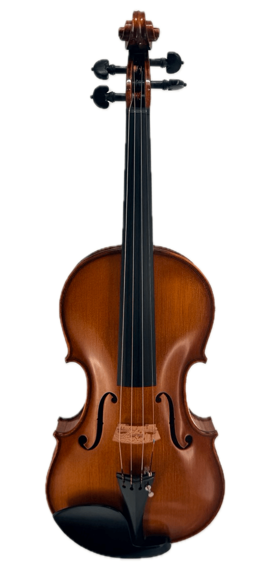 A full view of the Luce Sebastian Professional Instrument, a classic brown handcrafted violin made from premium tonewoods, showcasing its strings, chin rest, and tuning pegs, photographed against a white background.