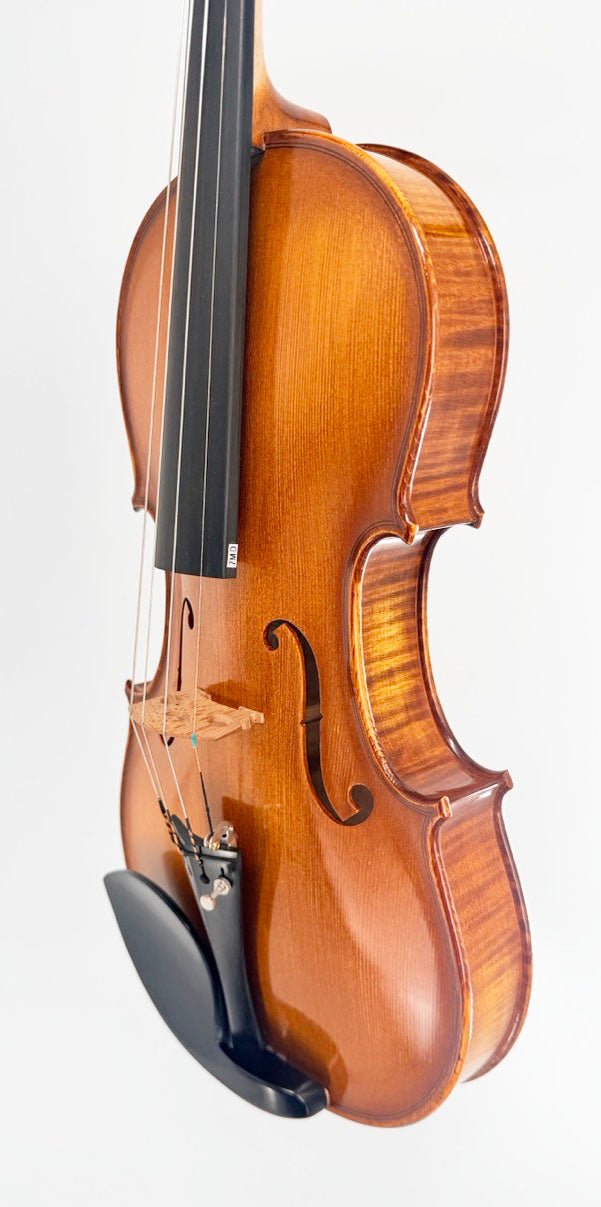 A close-up of the Luce Sebastian Professional Instrument, handcrafted from premium tonewoods and displayed against a white background, highlighting its polished body, black fingerboard, and the fine details of its strings and f-hole.