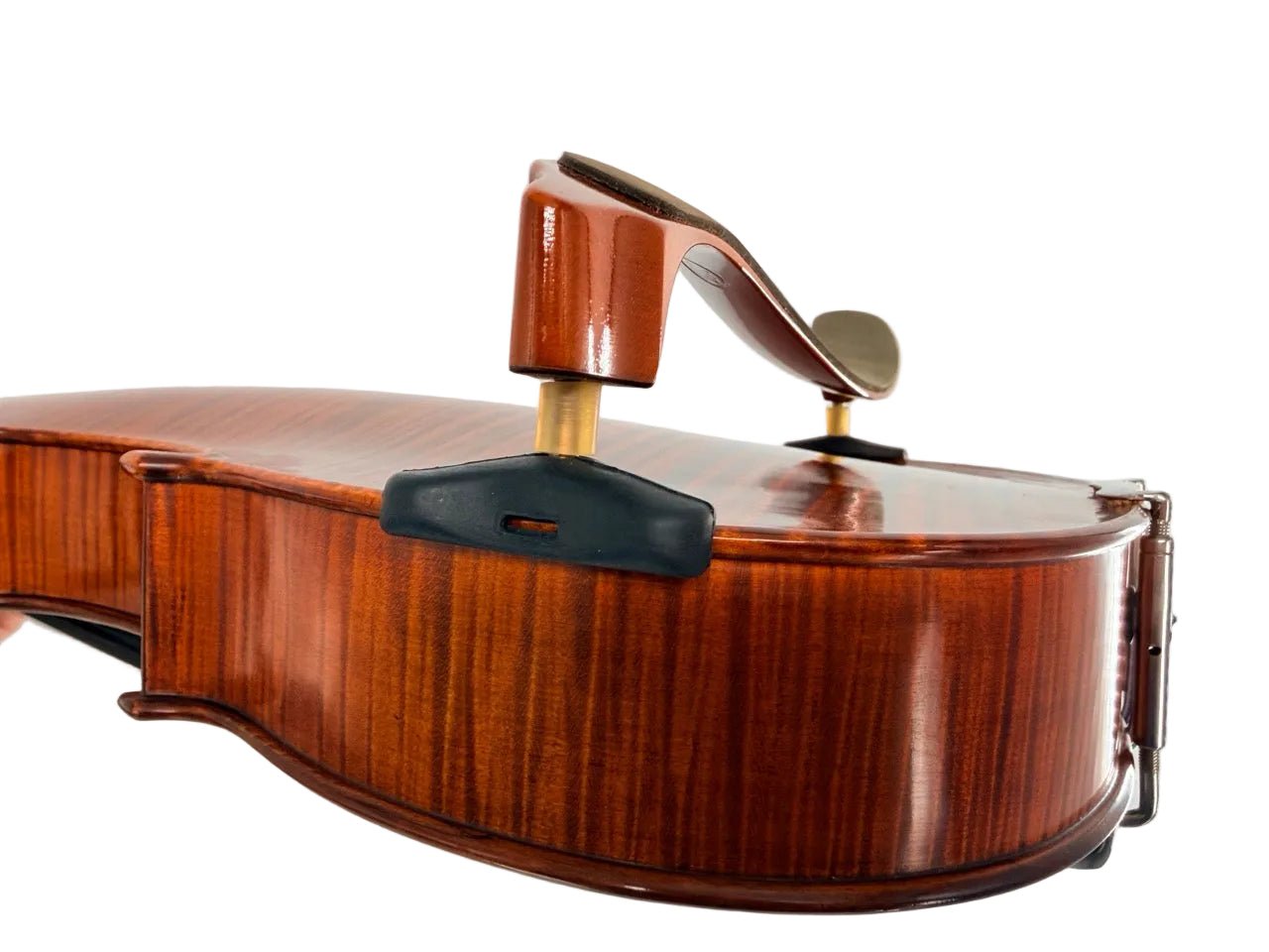 A close-up of a wooden viola displays its back, side, and chin rest, featuring the Mach One LB Maple Shoulder Rest – Premium Wooden Viola Support (Large) against a white background. The instrument’s fine wood grain and smooth finish are clearly visible.