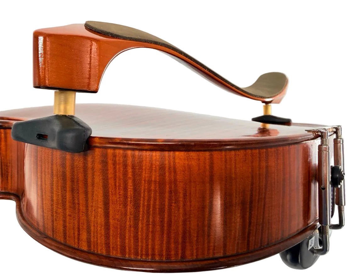 Close-up of a wooden viola with a Mach One LB Maple Shoulder Rest – Premium Wooden Viola Support (Large) attached, viewed from the back against a white background, showcasing its smooth varnish and metal fittings.