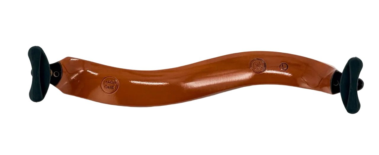 A large Mach One LB Maple Shoulder Rest for viola, crafted from reddish-brown maple with black handles on each end, displayed against a white background.