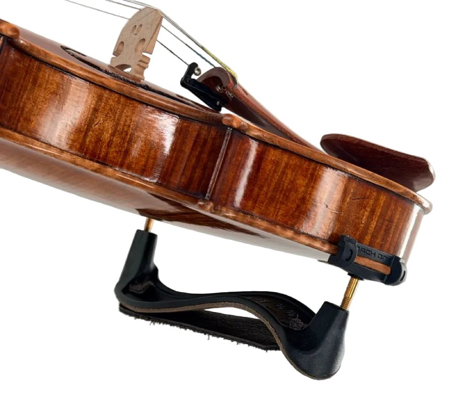 Close-up of a wooden violin with the Mach One MLS Shoulder Rest with Leather Strap (Plastic) – Lightweight Violin Support (4/4–3/4) attached, highlighting its rich brown finish and strings.