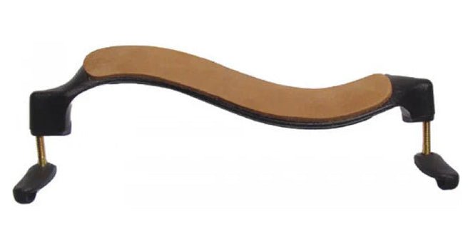 The Mach One Violin Shoulder Rest – MB Model, Plastic with Leather, features a curved design with a brown padded top and black adjustable feet for optimal support and comfort while playing.