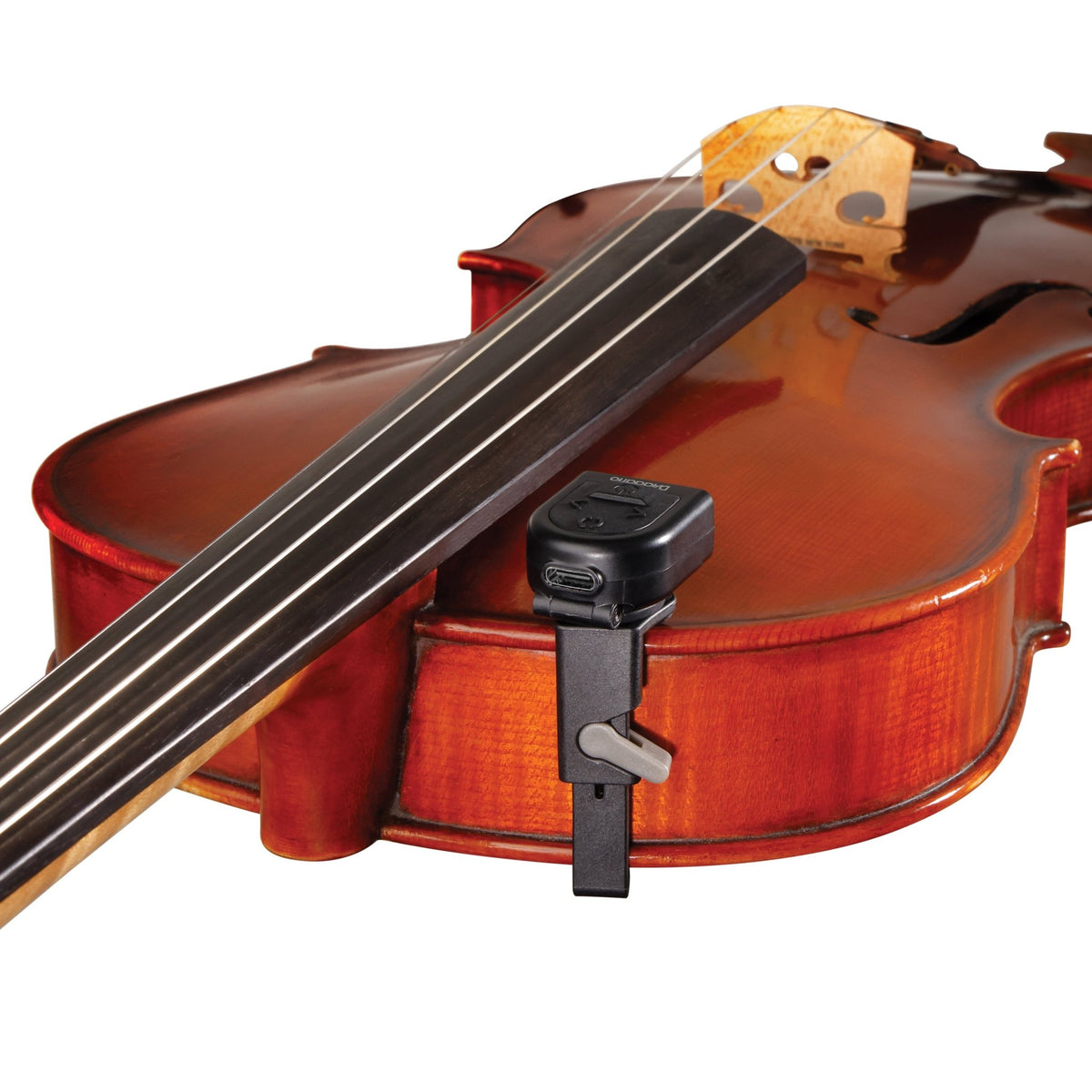 A close-up of a violin with the Micro Rechargeable Viola Tuner attached to the body below the fingerboard.