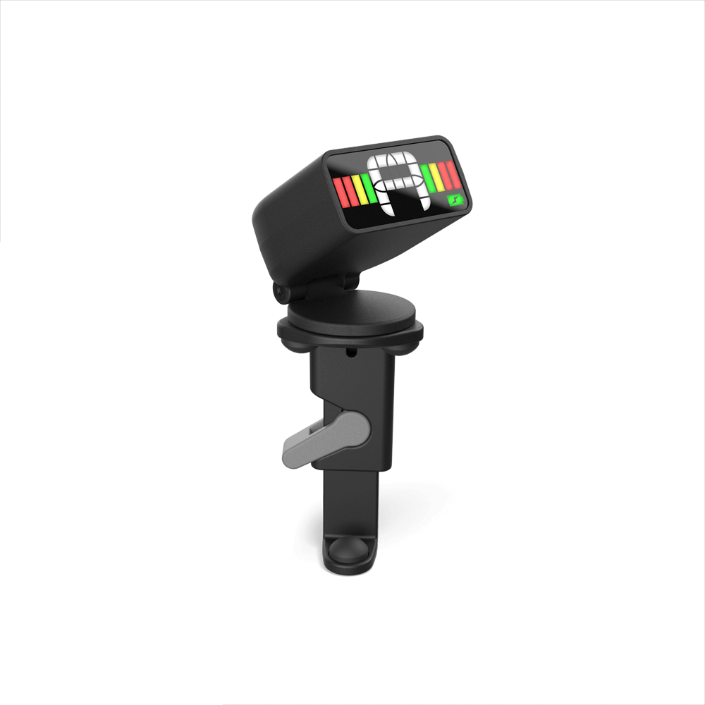 A black Micro Rechargeable Viola Tuner featuring a color display that shows tuning levels, attached to a compact clamp for easy fastening to your instrument.