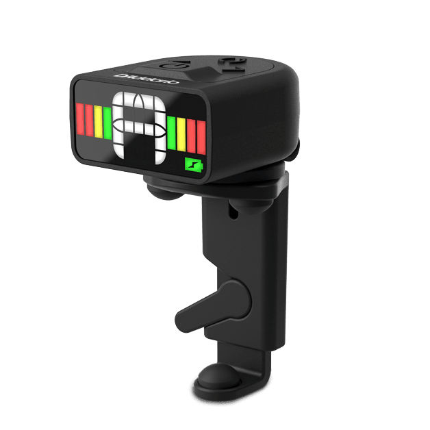 The Micro Rechargeable Violin Tuner, featuring a digital display with green, yellow, and red bars, is attached to a vertical black clip against a plain white background.