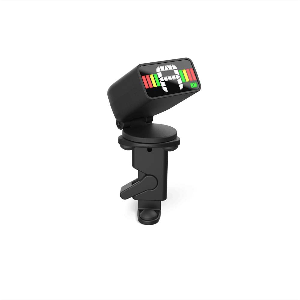 The Micro Rechargeable Violin Tuner features a color display with tuning bars, mounted on a black clip and shown isolated on a white background—this versatile device provides reliable, rechargeable tuning for violin and other string instruments.