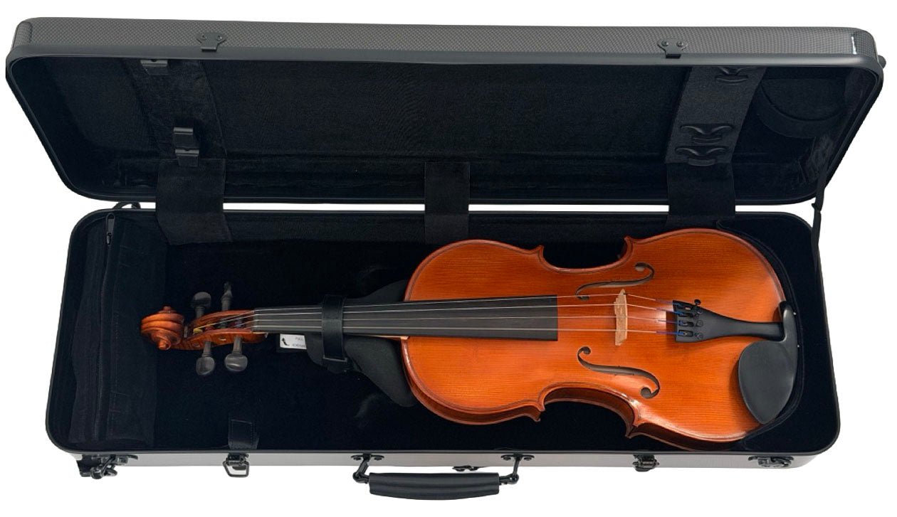 A violin rests inside an open Mirage CN513 Oblong Viola Case, which features a soft, padded interior. The rectangular case has visible latches and a sturdy handle.
