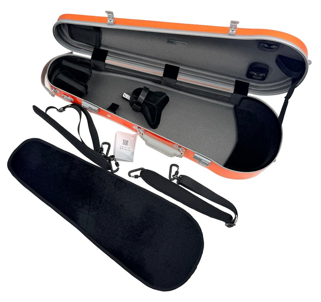 An open Negri Eternity Carbon Fiber Shaped Violin Case in Fury Orange, featuring a black interior, shoulder strap, and detachable cover displayed beside it. The empty case reveals dedicated compartments for the violin and accessories.
