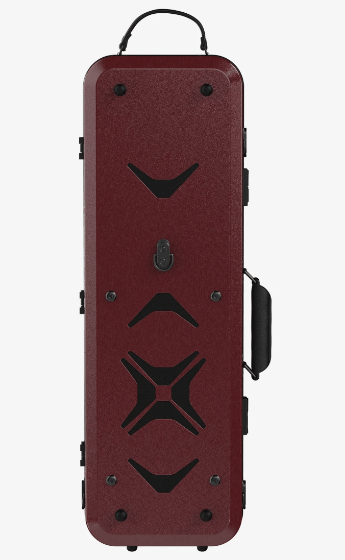 A dark red hard-shell instrument case, shown from the back, featuring black vent-like cutouts, a latch lock, and a carrying handle, set against a plain white background.