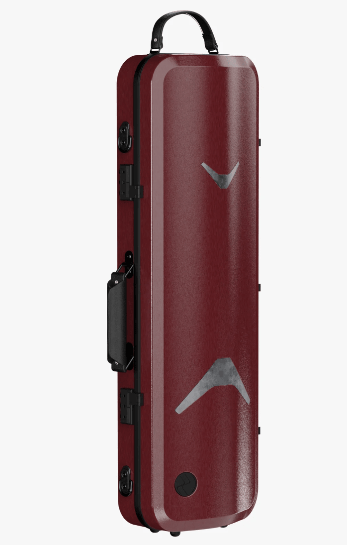 A dark red hard-shell instrument case with black handles and latches, featuring a silver chevron logo, shown on a light gray background.