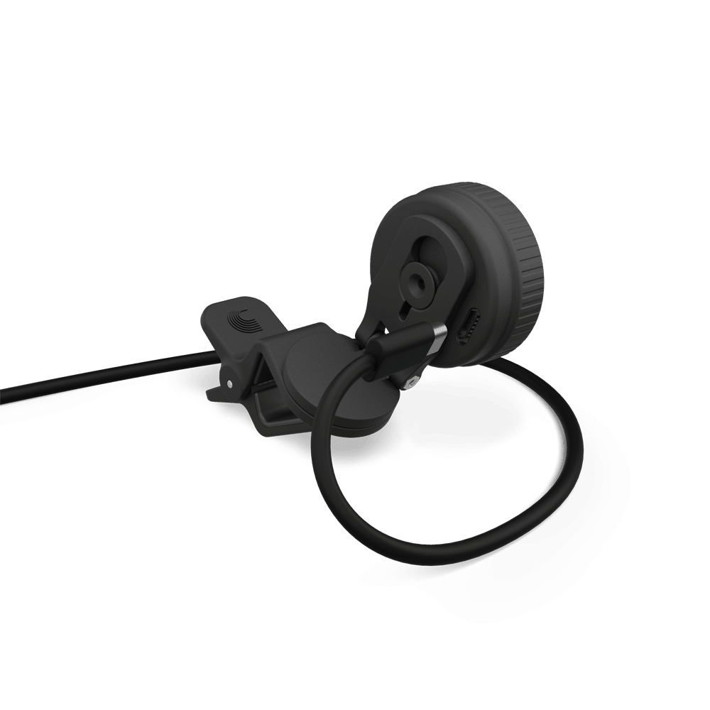 A black clip-on microphone with a circular windscreen, attached to a cable, is displayed against a plain white background—ideal for pairing with the Nexxus 360 Cello & Bass Rechargeable Tuner.