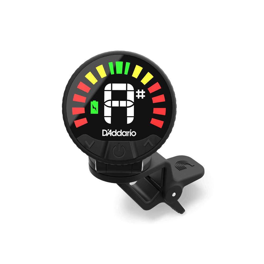 A Nexxus 360 Cello & Bass Rechargeable Tuner featuring a digital display with tuning indicators in red, yellow, and green, the note F#, a battery icon, and an attached clip, all set against a white background. Ideal for use as a tuner for guitar, bass, or cello.