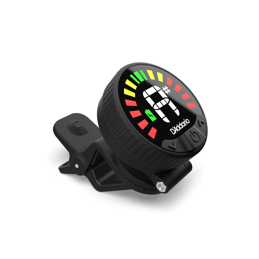 The Nexxus 360 Cello & Bass Rechargeable Tuner is a black clip-on tuner featuring a round display that shows a sharp A note, with colored tuning indicators in red, yellow, and green—making it an ideal versatile tuner for guitar, cello, or bass.