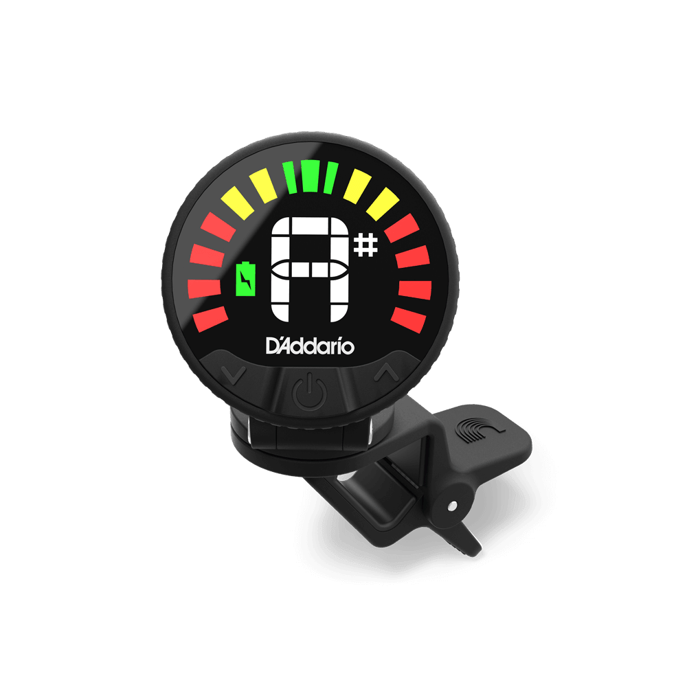 The Nexxus 360 USB Rechargeable Tuner by D’Addario features an omnidirectional circular color LED screen with red, yellow, and green tuning indicators and includes a clamp for easy attachment to your instrument.