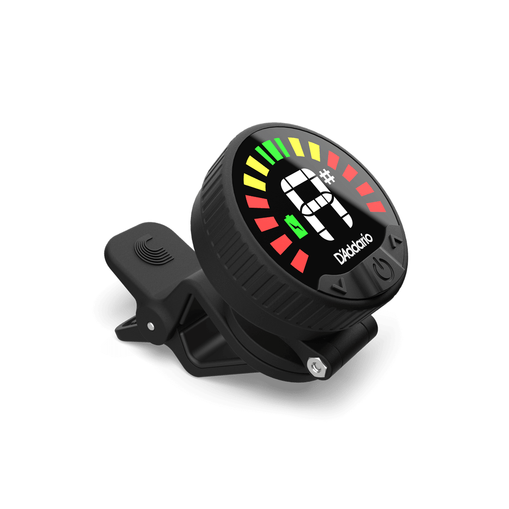 A black Nexxus 360 USB Rechargeable Tuner with an omnidirectional LED screen shows a note and colored indicator bars, resting on a plain white background.